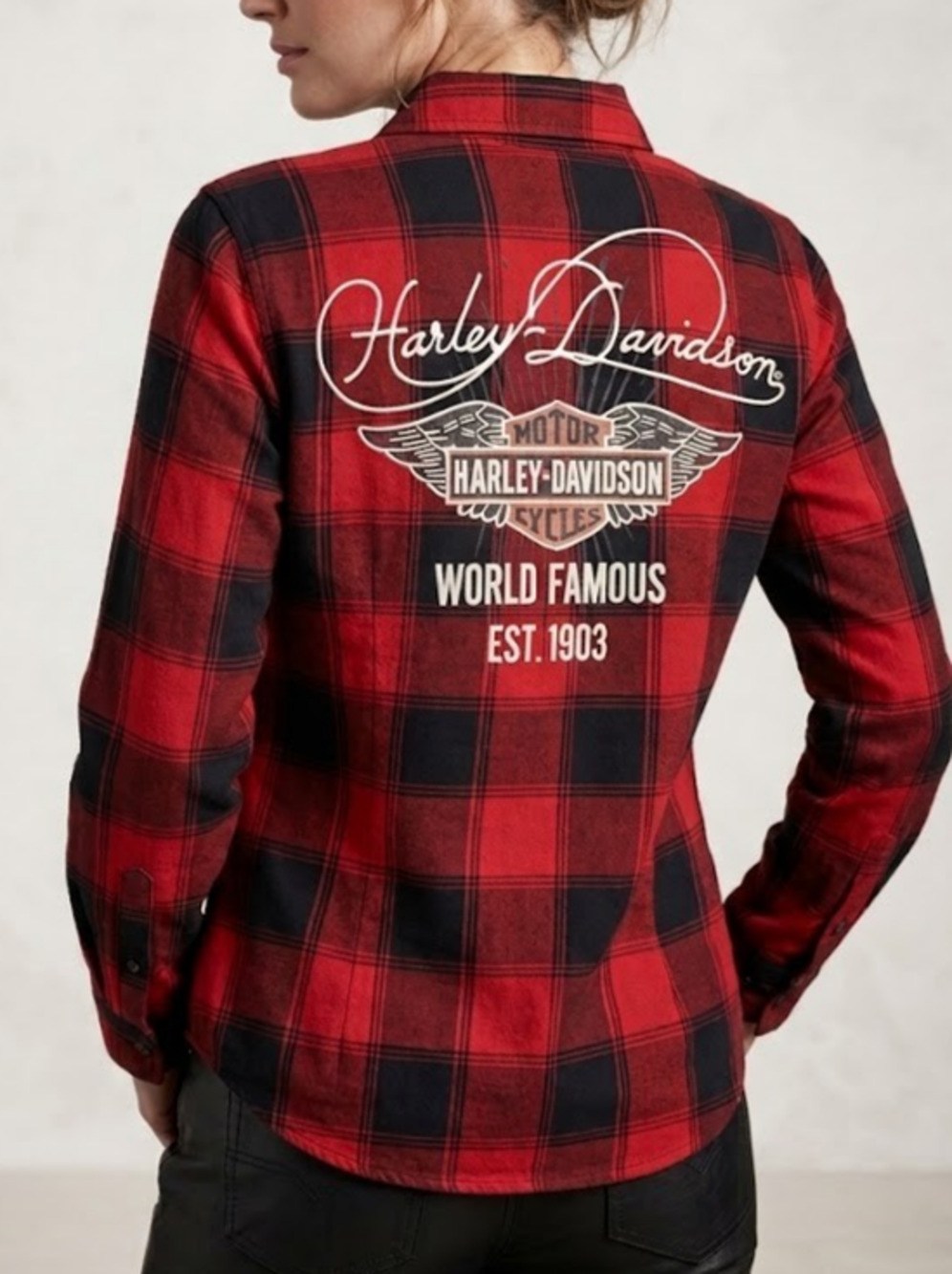 Harley-Davidson Women's 2XL Red Black Buffalo Plaid Flannel Button Up Shirt Back